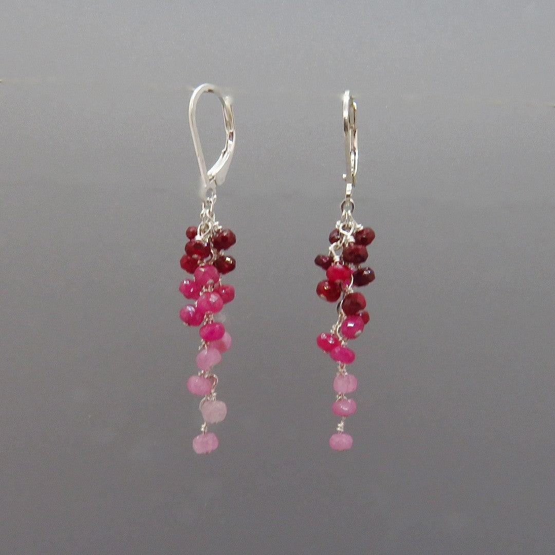 small faceted pink red rubies cluster dangle on sterling chain, hand crafted, leverbacks