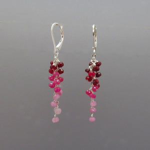 small faceted pink red rubies cluster dangle on sterling chain, hand crafted, leverbacks