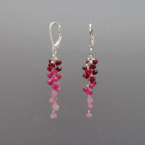 small faceted pink red rubies cluster dangle on sterling chain, hand crafted, leverbacks