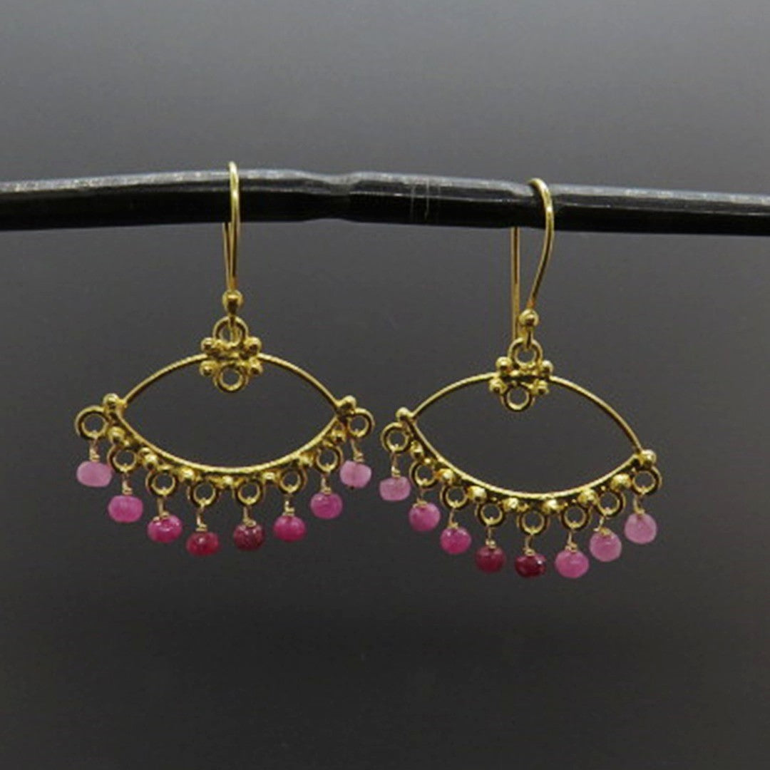 pink and red faceted rubies, gold chandeliers, french ear wires, handcrafted