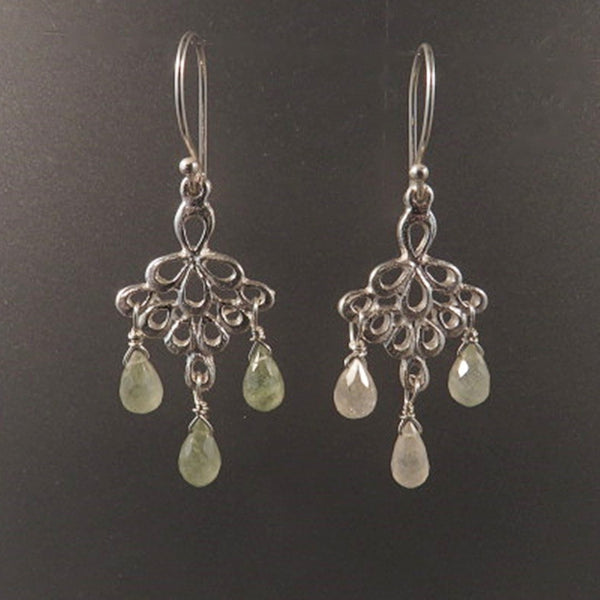 greenish, gray faceted sapphire drops on artisan silver chandeliers, handcrafted