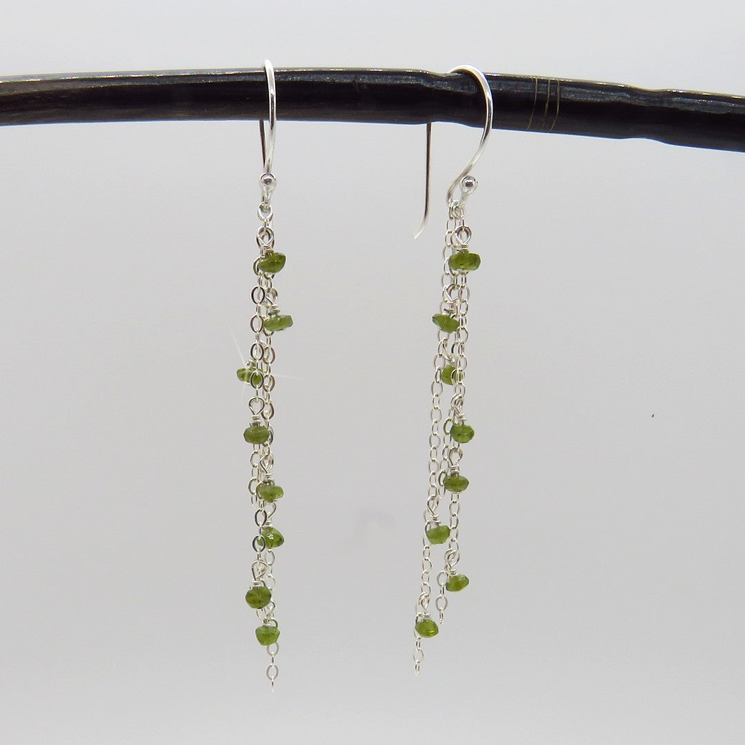 small green gray sapphires dangle on 3 rows of delicate silver chain, handcrafted