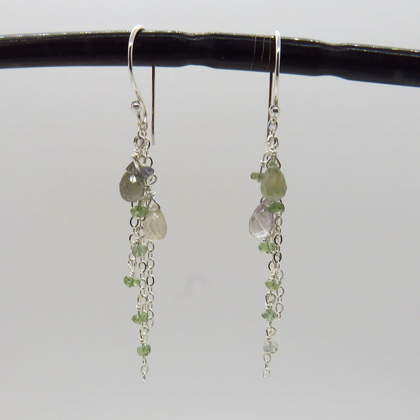 greenish, gray faceted sapphire drops dangle on delicate silver chain, handcrafted