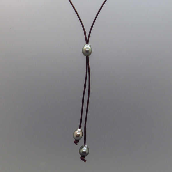 Tahiti Black Pearl and Leather Lariat Necklace