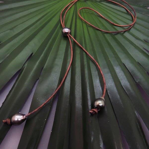 Tahiti Black Pearl and Leather Y Necklace