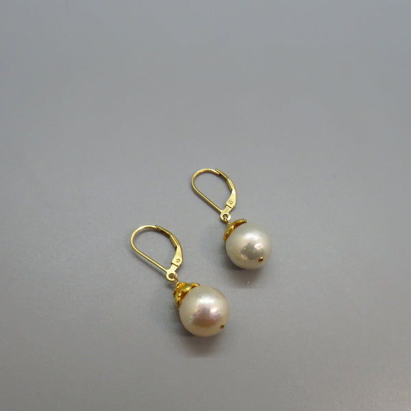 White Edison Pearl Earrings With Gold Vermiel Flowers