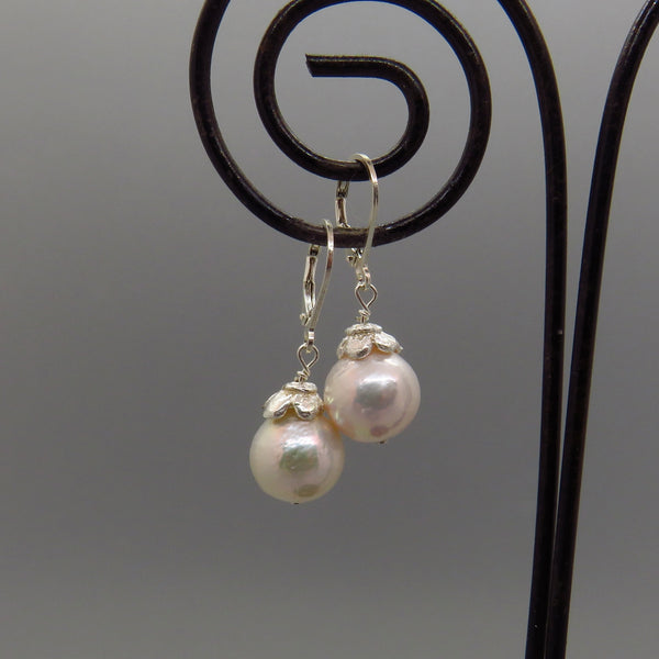 White Edison Pearl Earrings With Sterling Flower Caps