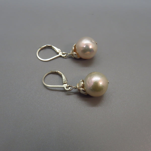 White Edison Pearl Earrings With Sterling Flower Caps