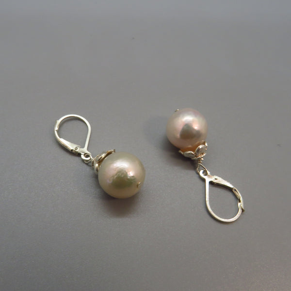 White Edison Pearl Earrings With Sterling Flower Caps