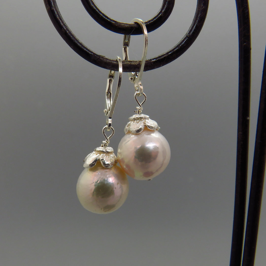 White Edison Pearl Earrings With Sterling Flower Caps