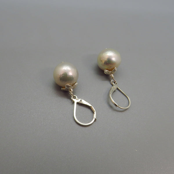 White Edison Pearl Earrings With Silver Flower Caps