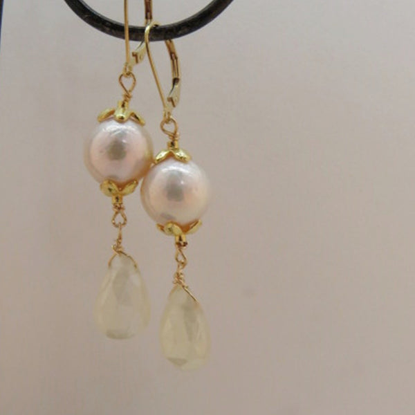 creamy white edison pearls , gold flower caps, chalcedony gems drops , gold leverback ear wires