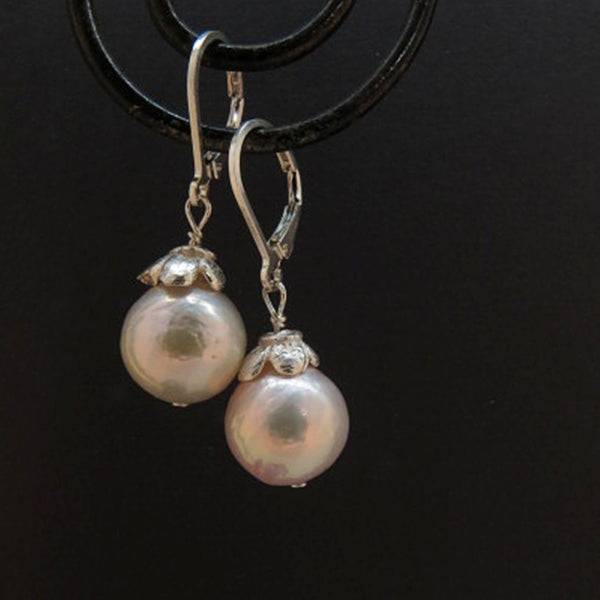 White Edison Pearl Earrings With Sterling Flower Caps