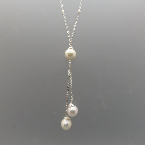 Y necklace with focal white Edison pearl and two pearls dangling