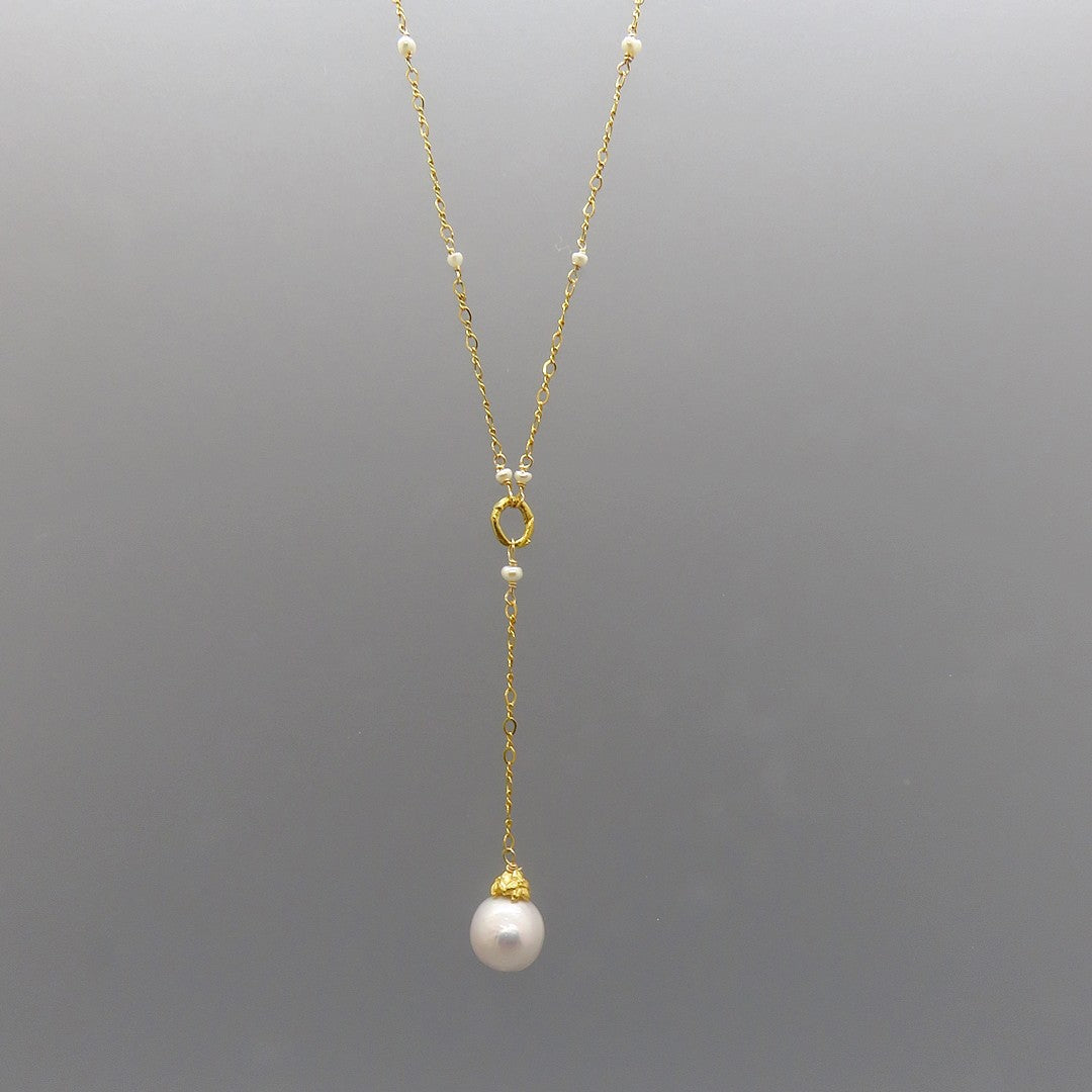 1 white edison pearl drops from gold chain y necklace, gold flower cap