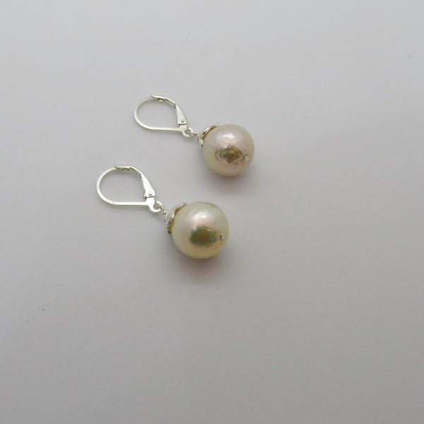 White Edison Pearl Earrings With Silver Flower Caps