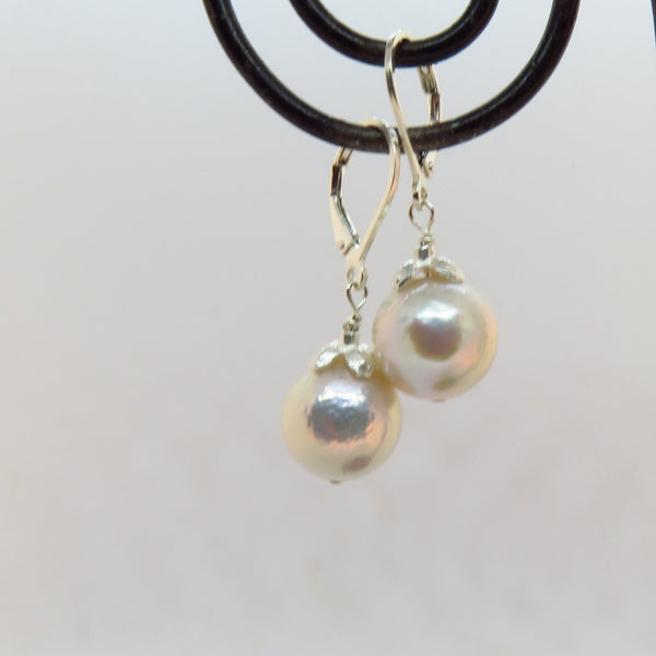 White Edison Pearl Earrings With Silver Flower Caps