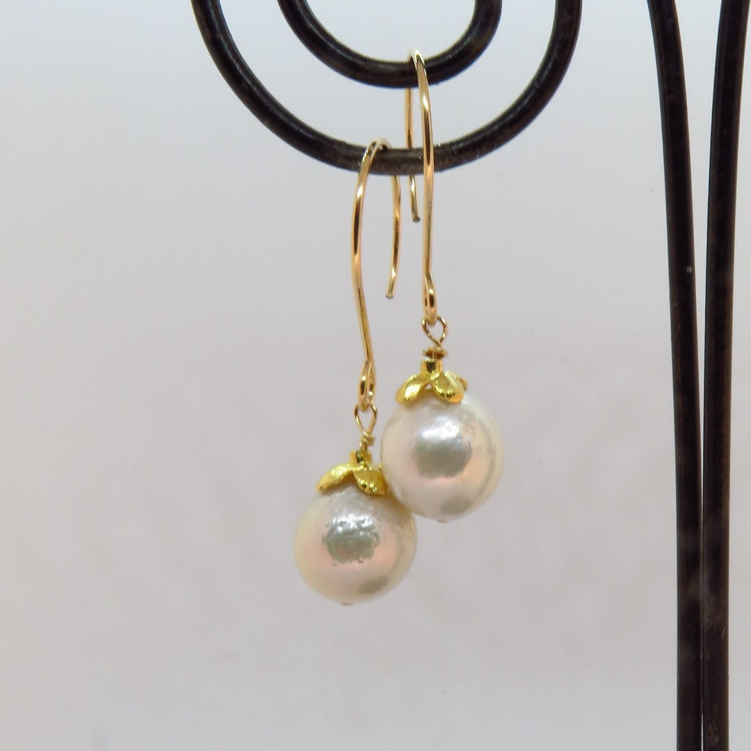 creamy white edison pearls, gold flower caps, gold artisan ear wires