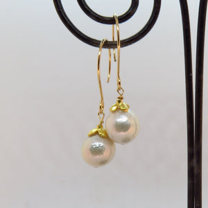 creamy white edison pearls, gold flower caps, gold artisan ear wires